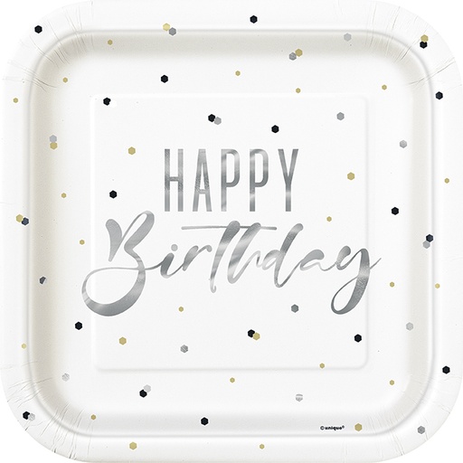 [P1.78845] Plato 9 Sq Silver Happy Birthday