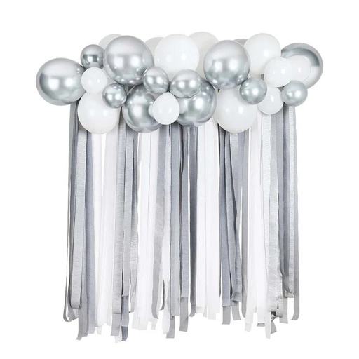 [P2.HBMM357] Silver Metallic Balloon & Streamer Backdrop Set